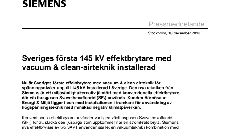 Sveriges första 145 kV effektbrytare med vacuum & clean-airteknik installerad 