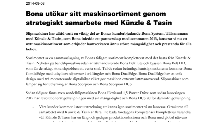 Bona utökar sitt maskinsortiment genom strategiskt samarbete med Künzle & Tasin