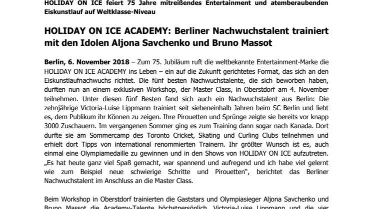 HOLIDAY ON ICE ACADEMY: Berliner Nachwuchstalent trainiert mit den Idolen Aljona Savchenko und Bruno Massot  