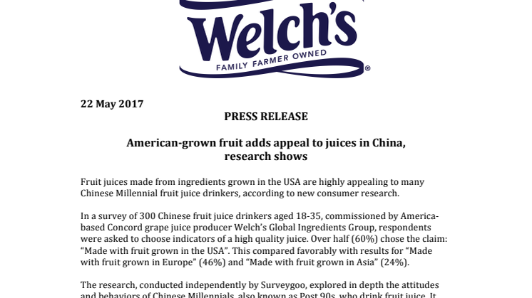 Press release – American-grown fruit adds appeal to juices in China, research shows