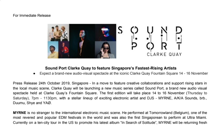 Sound Port Clarke Quay to feature Singapore’s Fastest-Rising Artists 