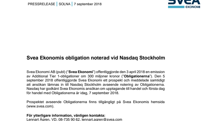 Svea Ekonomis obligation noterad vid Nasdaq Stockholm