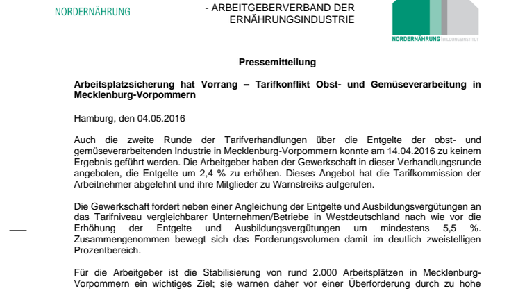 Arbeitsplatzsicherung hat Vorrang – Tarifkonflikt Obst- und Gemüseverarbeitung in Mecklenburg-Vorpommern
