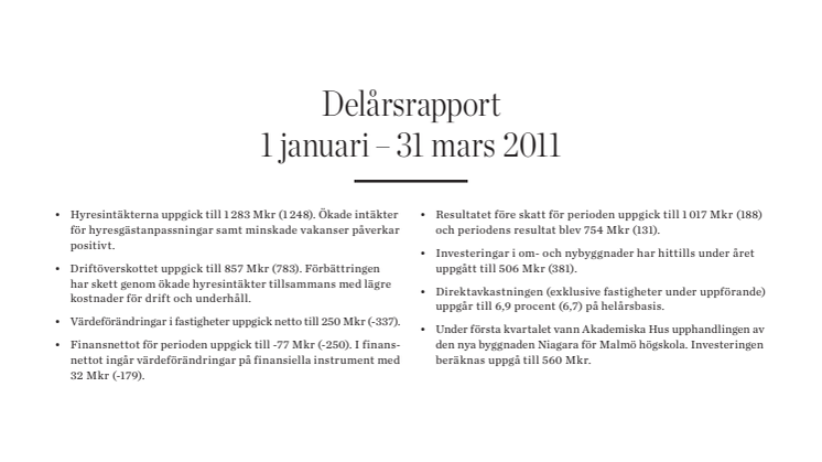 Delårsrapport 1 januari - 31 mars 2011