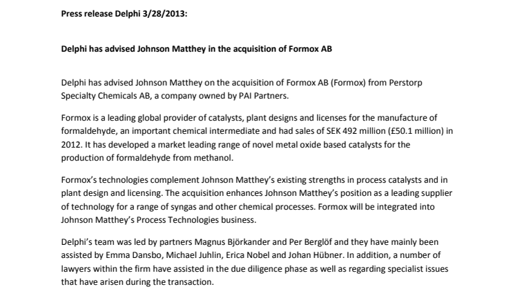 Delphi has advised Johnson Matthey in the acquisition of Formox AB