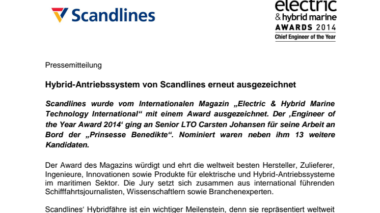 Hybrid-Antriebssystem von Scandlines erneut ausgezeichnet