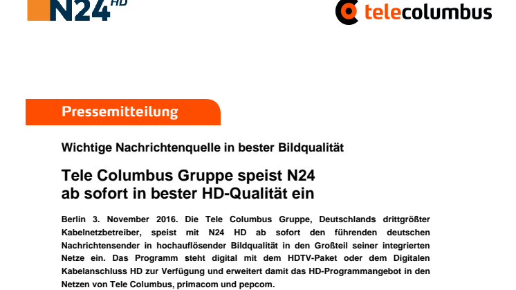 Tele Columbus Gruppe speist N24 ab sofort in bester HD-Qualität ein