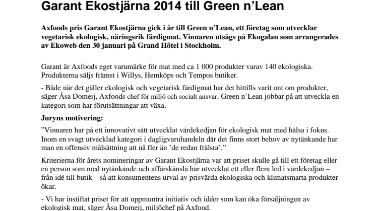 Garant Ekostjärna 2014 till Green n’Lean