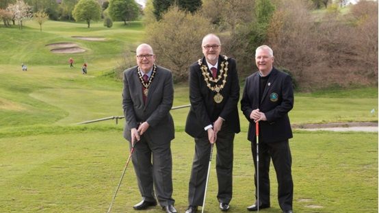 At the mayoral charity golf event are (from left) Ian Hargreaves, the mayor’s consort; Cllr Mike Connolly, the Mayor of Bury; and Andy McCreavy, club captain of Stand Golf Club.