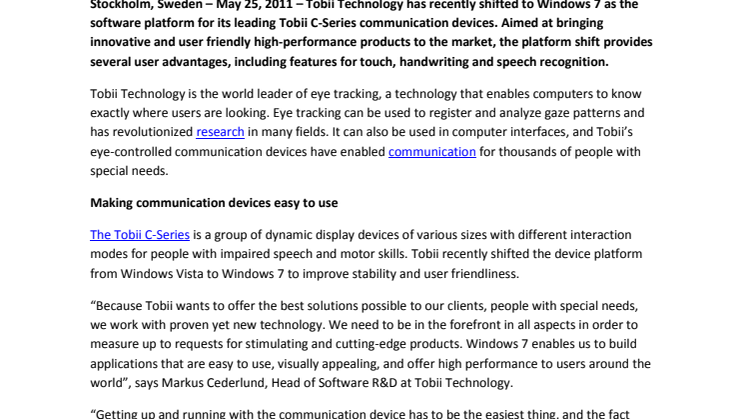 Tobii develops groundbreaking products on Microsoft Windows 7