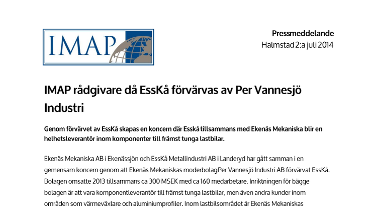 IMAP rådgivare till EssKå Metallindustri då de förvärvas av Per Vannesjö Industri