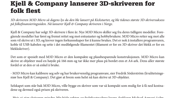 Kjell & Company lanserer 3D-skriveren for folk flest