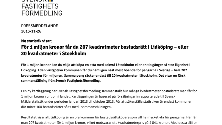 Ny statistik visar: För 1 miljon kronor får du 207 kvadratmeter bostadsrätt i Lidköping – eller  20 kvadratmeter i Stockholm