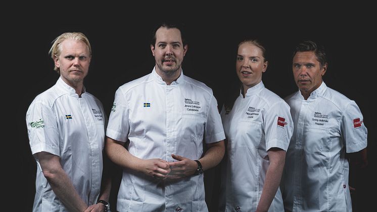 Bocuse d'Or Sweden. Coach Martin Brag, kandidat Jimmi Eriksson, commis Thilda Mårtensson, president Tommy Myllymäki