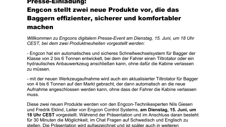 210610_Presse-Einladung_Engcon stellt zwei neue Produkte vor, die das Baggern effizienter, sicherer und komfortabler machen