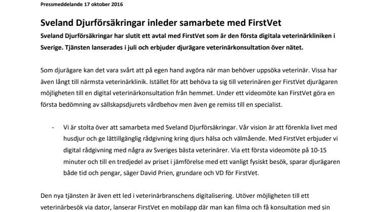 Sveland Djurförsäkringar inleder samarbete med FirstVet 