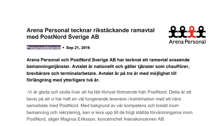 Arena Personal tecknar rikstäckande ramavtal med PostNord Sverige AB
