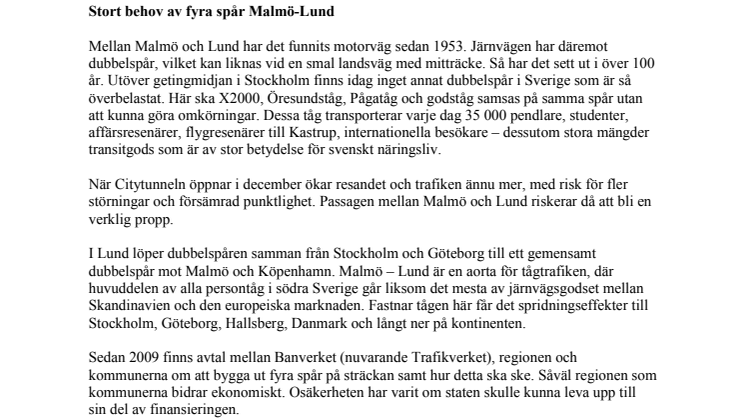 Stort behov av fyra spår Malmö-Lund