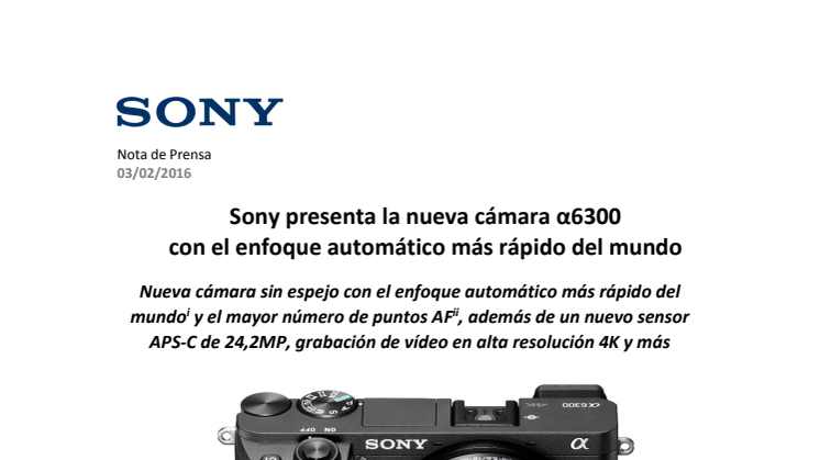 Sony presenta la nueva cámara α6300 con el enfoque automático más rápido del mundo 