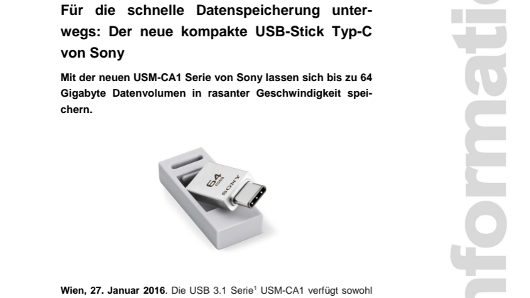Für die schnelle Datenspeicherung unterwegs: Der neue kompakte USB-Stick Typ-C von Sony 