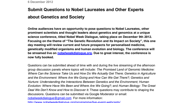 Submit Questions to Nobel Laureates and Other Experts about Genetics and Society  