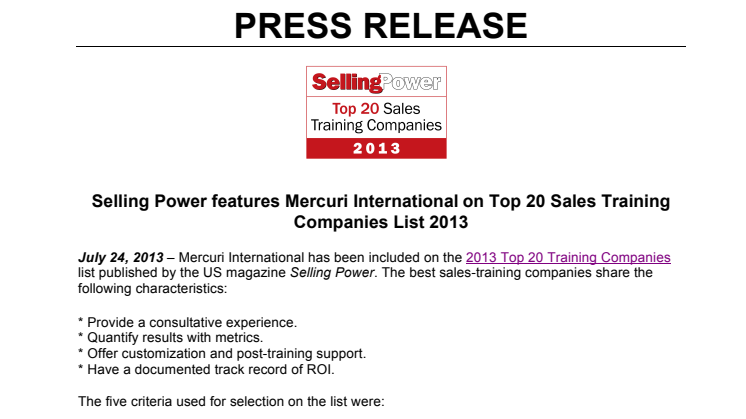 Selling Power features Mercuri International on Top 20 Sales Training Companies List 2013