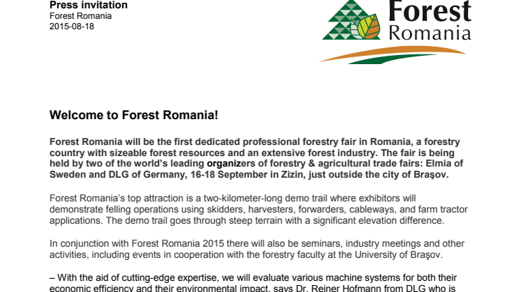 Press invitation: ​Welcome to Forest Romania 16-18 September