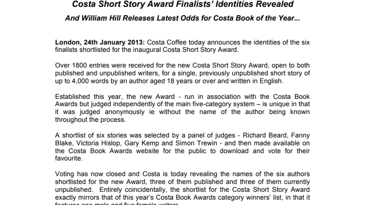 Costa Short Story Award Finalists’ Identities Revealed 