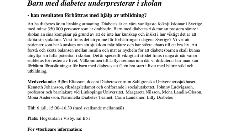Pressinbjudan seminarium Almedalen: Barn med diabetes underpresterar i skolan 