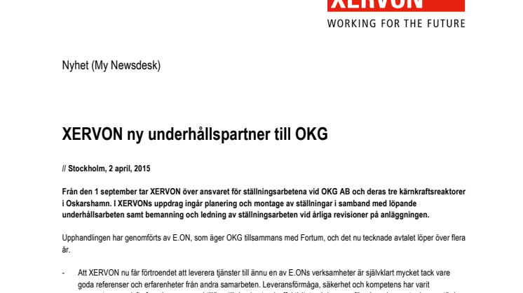 XERVON ny underhållspartner till OKG i Oskarshamn