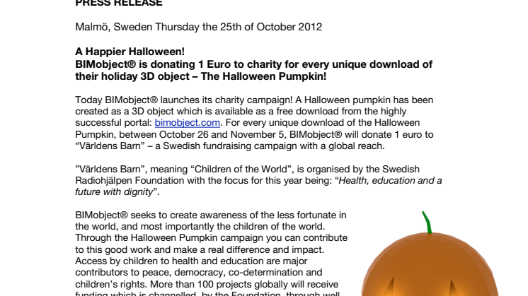 A Happier Halloween! BIMobject® is donating 1 Euro to charity for every unique download of their holiday 3D object – The Halloween Pumpkin!