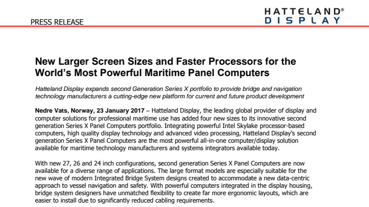 Hatteland Display: New Larger Screen Sizes and Faster Processors for the World’s Most Powerful Maritime Panel Computers