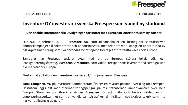 Inventure OY investerar i svenska Freespee som vunnit ny storkund