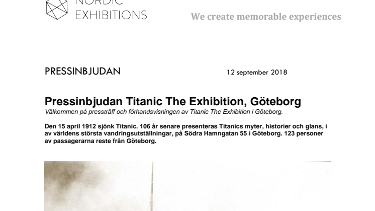 Pressinbjudan Titanic The Exhibition, Göteborg