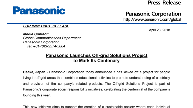 Panasonic Launches Off-grid Solutions Project to Mark Its Centenary