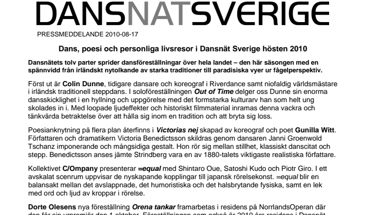 Dans, poesi och personliga livsresor i Dansnät Sverige hösten 2010