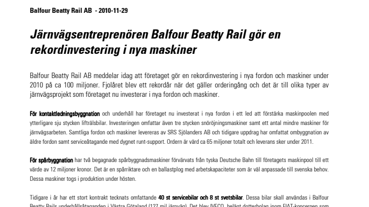 Järnvägsentreprenören Balfour Beatty Rail gör en rekordinvestering i nya maskiner
