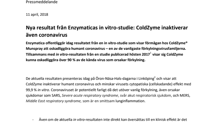Nya resultat från Enzymaticas in vitro-studie: ColdZyme inaktiverar även coronavirus