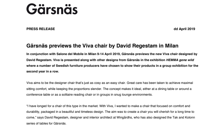 Gärsnäs previews the Viva chair by David Regestam