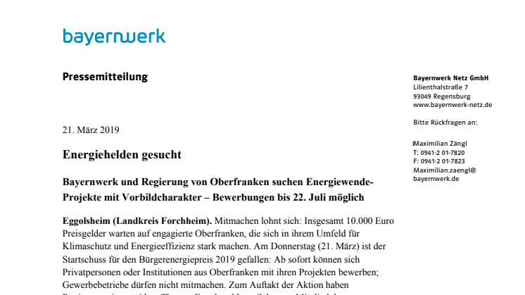 Bayernwerk und Regierung von Oberfranken suchen Energiehelden