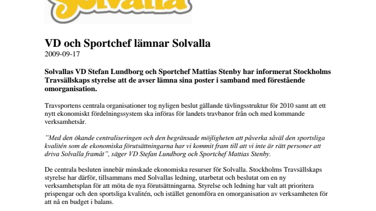 VD och Sportchef lämnar Solvalla 