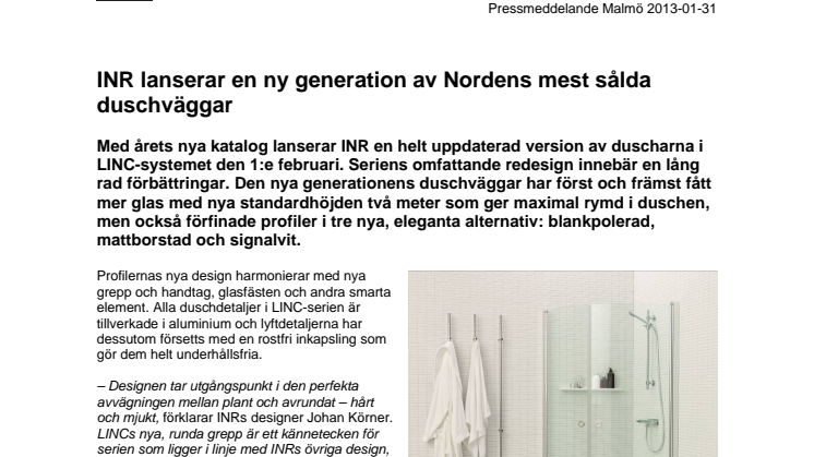 INR lanserar en ny generation av Nordens mest sålda duschväggar