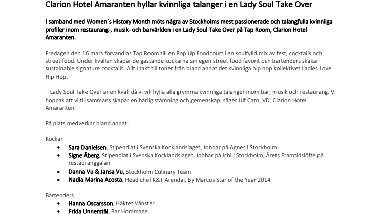 Clarion Hotel Amaranten hyllar kvinnliga talanger i en Lady Soul Take Over 