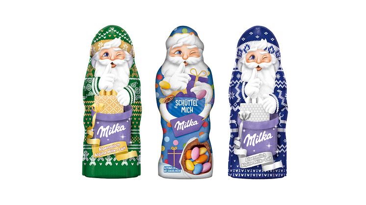 Milka Weihnachtsmänner „Schüttel mich“ und Design Edition