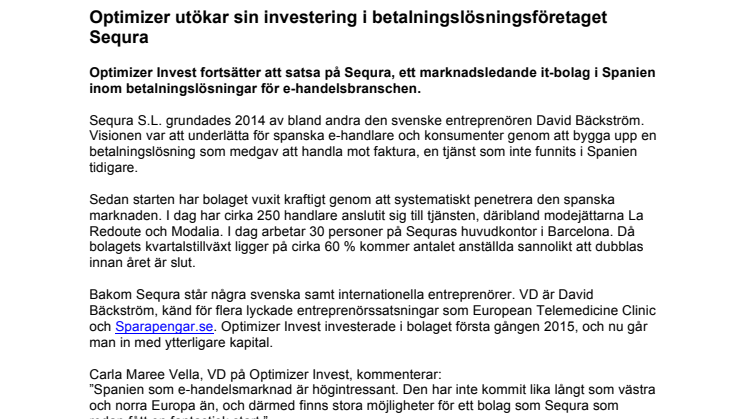 Optimizer utökar sin investering i betalningslösningsföretaget Sequra