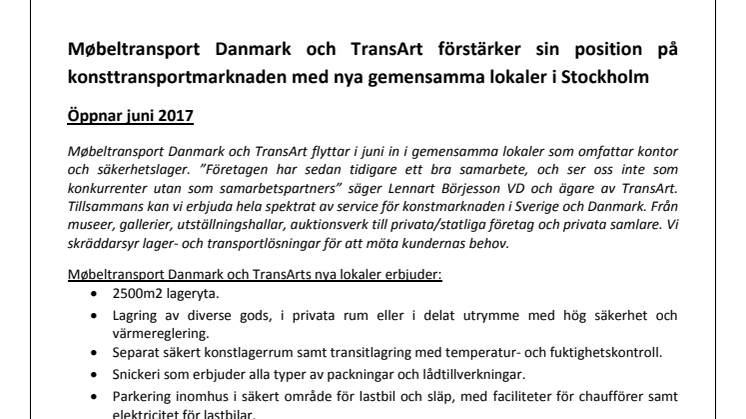 Møbeltransport Danmark och TransArt förstärker sin position på konsttransportmarknaden med nya gemensamma lokaler i Stockholm
