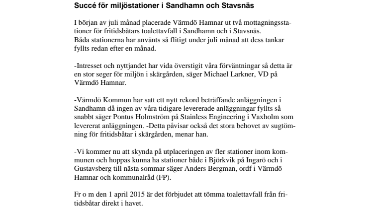 Succé för miljöstationer i Sandhamn och Stavsnäs