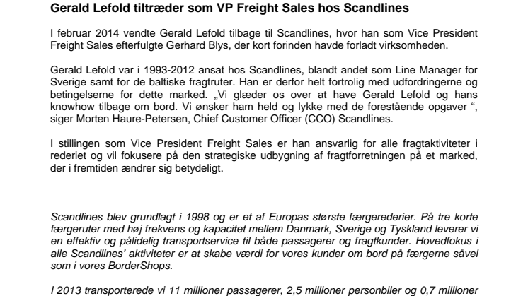 Gerald Lefold tiltræder som VP Freight Sales hos Scandlines