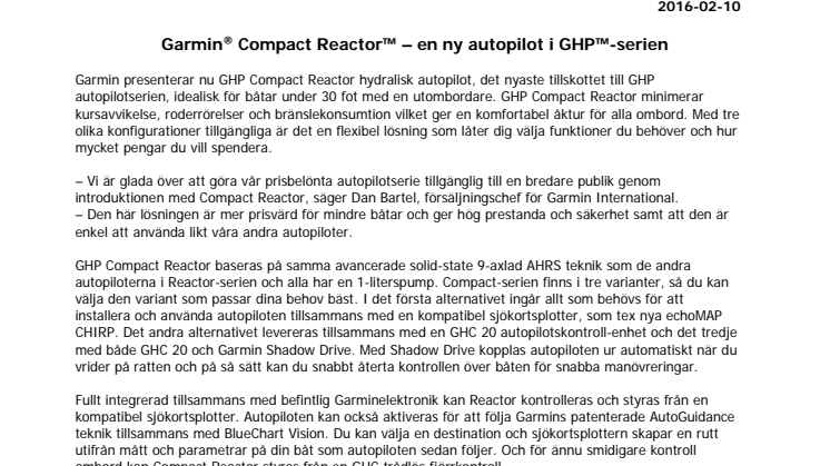 Garmin® Compact Reactor™ – en ny autopilot i GHP™-serien