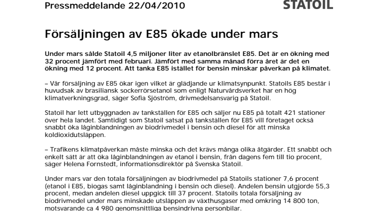 Försäljningen av E85 ökade under mars